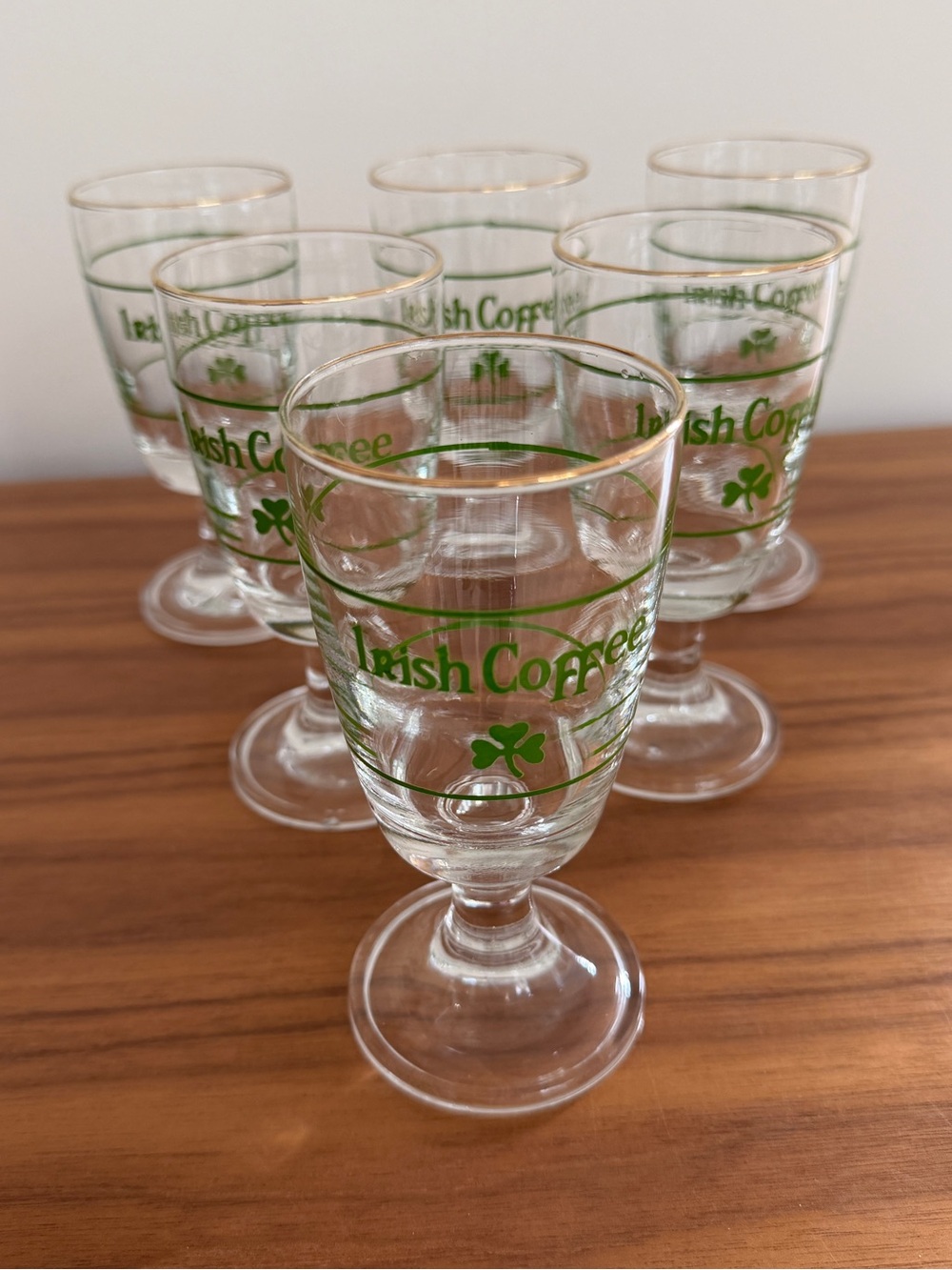 VINTAGE Irish Coffee Footed Glasses Set of 6 Gold Trim Shamrock Barware Retro